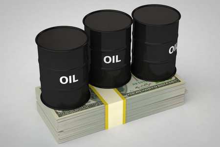 Three barrels for oil for oil stand on a wad of money. 3D renderの写真素材
