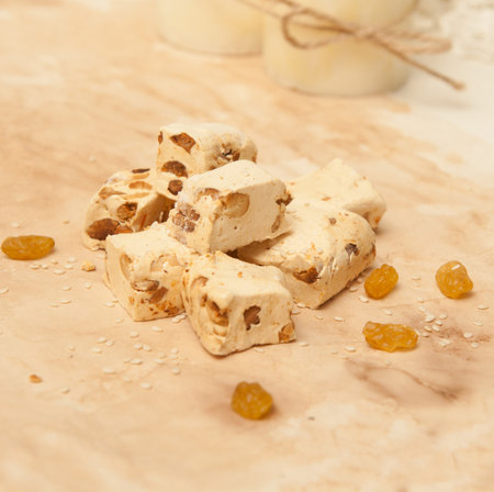 turkish dessert rahat lokum with nutsの写真素材