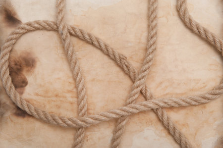 collage with parchment burnt at the edges and a rope on a wooden gray backgroundの写真素材