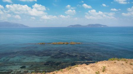 view over rocky Albania coast in the far distance.の写真素材