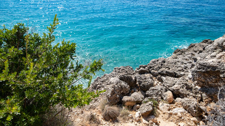 view over rocky Albania coast in the far distance.
