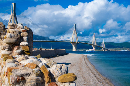 Rio-Antirio Bridge across the Gulf of Corinth Greece Peloponnese Peninsulaの写真素材