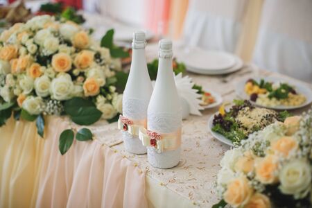 Decor bottle . A Wedding Banquet. An elegant dining table.の写真素材