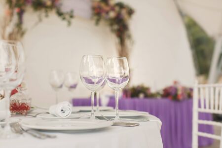 Beautiful wine and champagne glasses in the restaurant.の写真素材