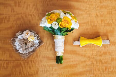 Beautiful wedding colorful bouquet for bride. Beauty of colored flowers. Close-up bunch of florets....