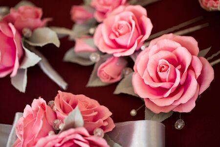 Colorful of artificial flower decoration. The fabric flowers bouquet.