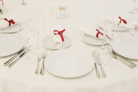 Beautiful wine and champagne glasses in the restaurantの写真素材