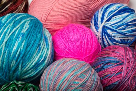 Colored balls of yarn. View from above. Rainbow colors. All colors. Yarn for knitting. Skeins of yarn.の写真素材