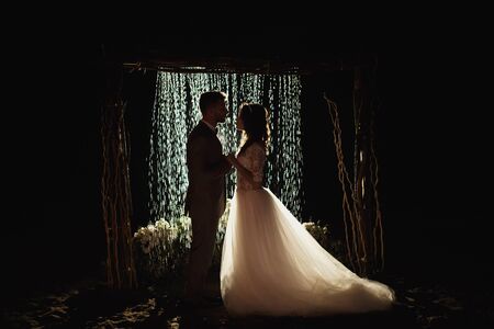 Romantic loving couple newlyweds, wedding against the background of the night sky and rain. the bride and groom stand on the background of the arch with rain.の写真素材
