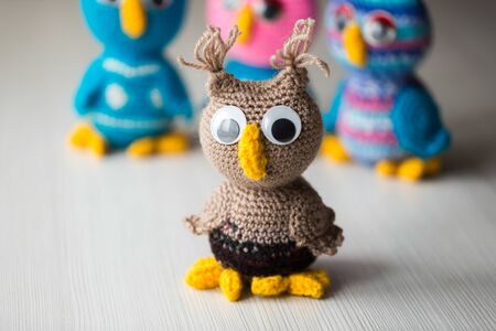 Knitted owl made of multicolored threads on a white background.の写真素材