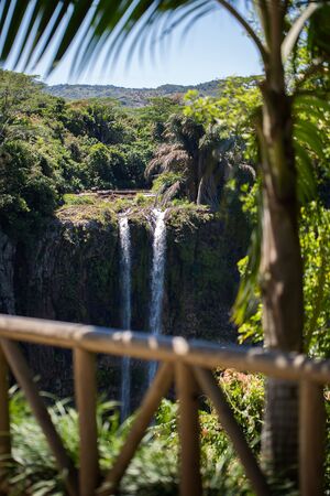 Waterfall flows into the crater of the volcano in Mauritius. National Park Chamarel.の写真素材