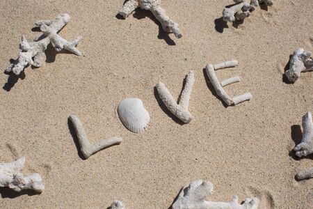 word Love from corals on sand of tropical beach.の写真素材