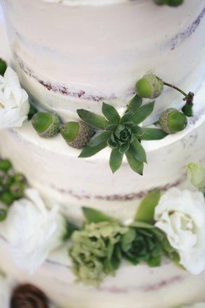 Beautiful wedding cake for newlyweds at a rustic wedding. A festive cake in the forest style on a wooden frame substrateの写真素材