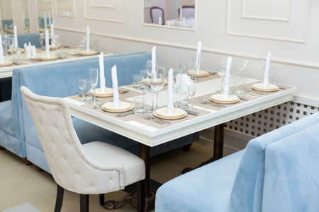 Elegant wedding banquet decoration and table setting in the restaurantの写真素材