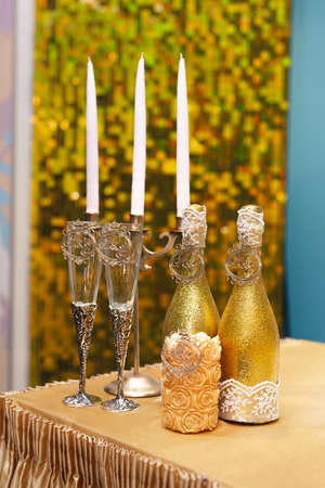 Bride and groom champagne glasses at a wedding receptionの写真素材