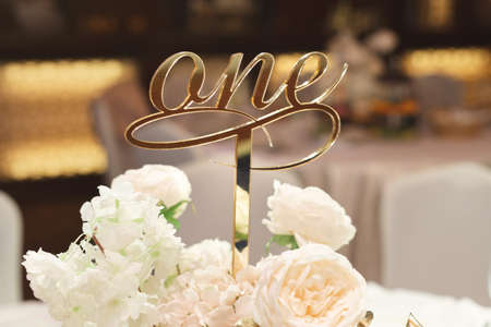 Guest table number. Wedding table in the restaurantの写真素材