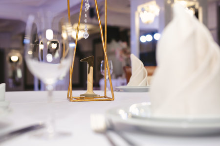 Beautiful setting of the wedding banquet table in the restaurantの写真素材