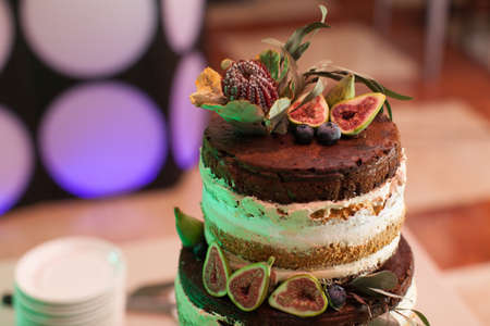 Delicious chocolate cake with figs and berries. Wedding Naked cake with fruits in rustic styleの写真素材