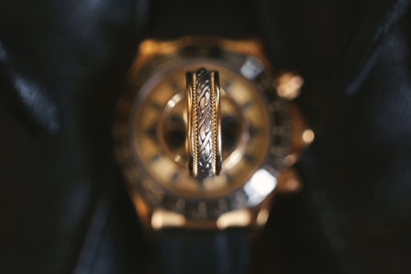 Two gold wedding rings close-up. Macro shooting