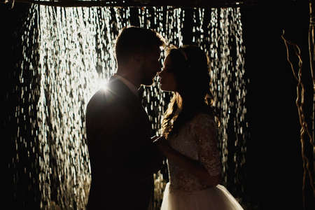 Romantic loving couple newlyweds, wedding against the background of the night sky and rain. the...