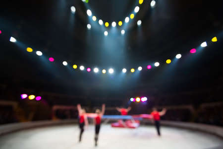 Acrobats in the circus arena. Blurred background.