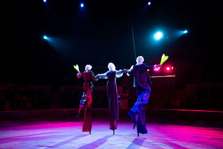 Jugglers in the circus. Clown on stilts.
