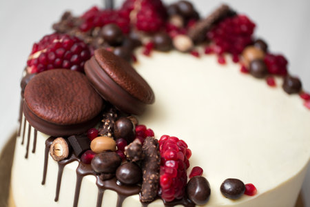 cake with white cream, chocolate drips, pomegranate, nuts and chocolate decor.の写真素材