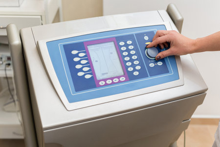 Cosmetologist works with cosmetology medical equipment, twists the lever and presses buttons on the...