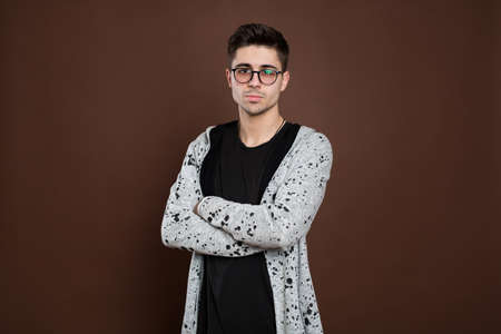 emotions, boredom, laziness and people concept - bored middle aged man over brown background.の写真素材