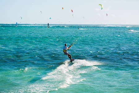 Kitesurfers on the Le Morne beach in Mauritius.