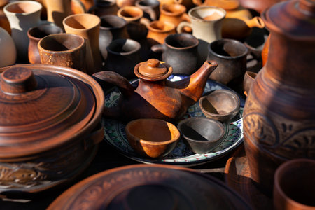 A lot of handmade pottery. Ceramic clay brown kitchen utensils, a bowl at a street crafts market.の写真素材