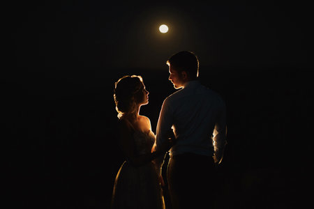 Moonlight highlights the silhouettes of the bride and groom in the mountainsの写真素材