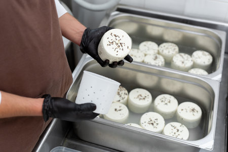 Filling molds for the production of soft cheese. The cheese blanks are soaked in brine.の写真素材