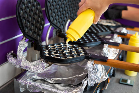Preparing Hong Kong waffle. Pouring dough on waffle maker.