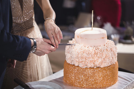 The bride and groom cut a gorgeous wedding cake at a banquet.