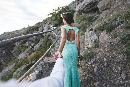 The bride and groom on nature in the mountains near the water. Walk hand in hand.