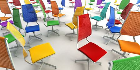 colour group office chairs 3D rendering on white backgroundの写真素材