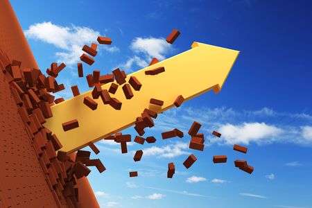 3d arrow burst through brick wallの写真素材