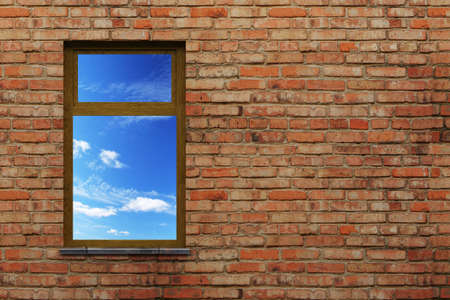 illuminated window on a brick wall 3d sceneの写真素材
