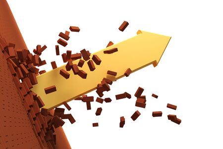 3d arrow burst through brick wallの写真素材