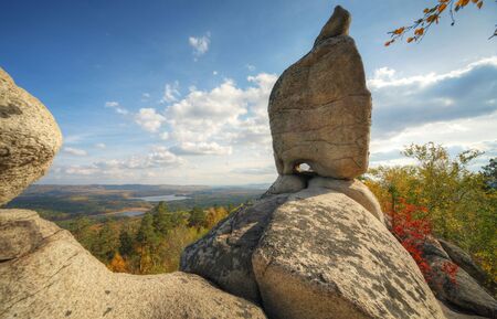autumn landscape with mountains and lakeの写真素材