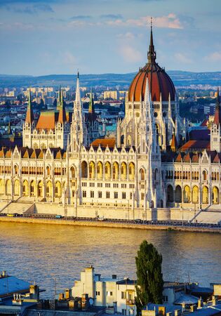 Budapest parliament at sunset lightingの写真素材
