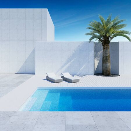 luxury modern backyard with a swimming pool, 3d renderingの写真素材