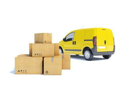delivery van with a paper boxes on white background, 3d illustrationの写真素材