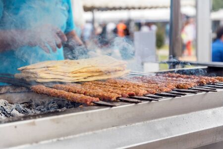 Traditional Adana kebab called 'pide', close up, outdoorの写真素材