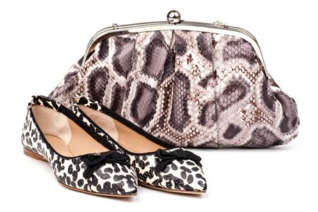 Pair of women summer shoes and clutch over whiteの写真素材
