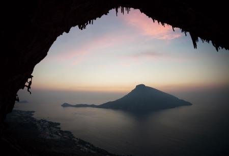 	Rock climber at sunset  Kalymnos Island, Greece の写真素材