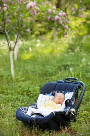 Newborn boy sleeping in car seat outdoorsの写真素材