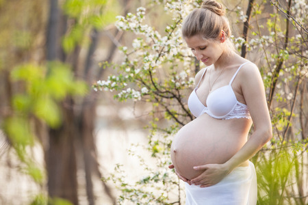 Young pregnant woman against blossoming tree in springの写真素材