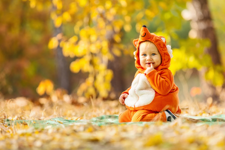 Cute baby boy dressed in fox costume in autumn parkの写真素材
